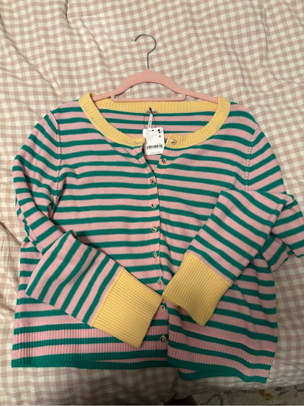 Free people Striped Pink and Teal Button-Front Women's Sweater with Yellow Trim
